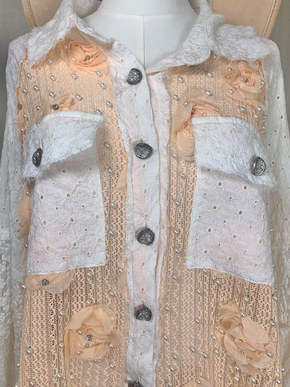 POL White & Peach Lace Patchwork Jacket Floral Rose Pearl Embellished L